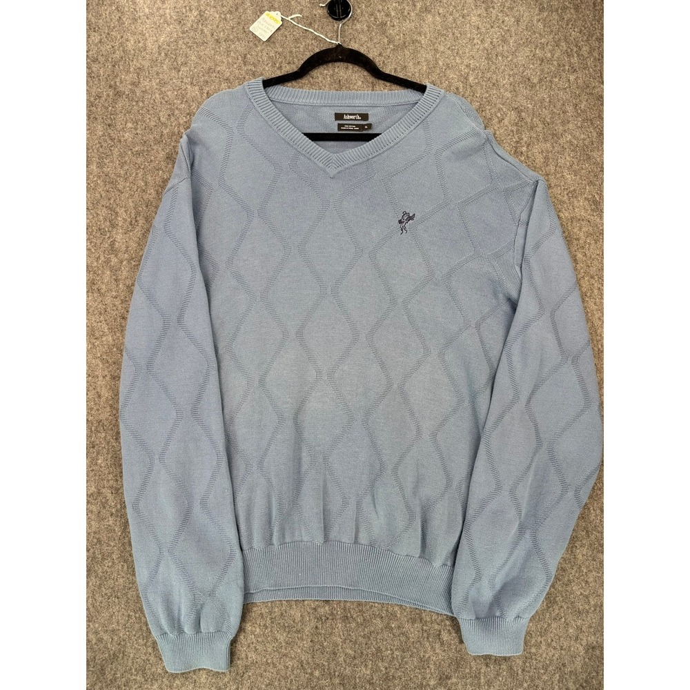 Ashworth Mens XL Blue V-Neck Cotton Diamond Texture Knit Golf Pullover Sweater